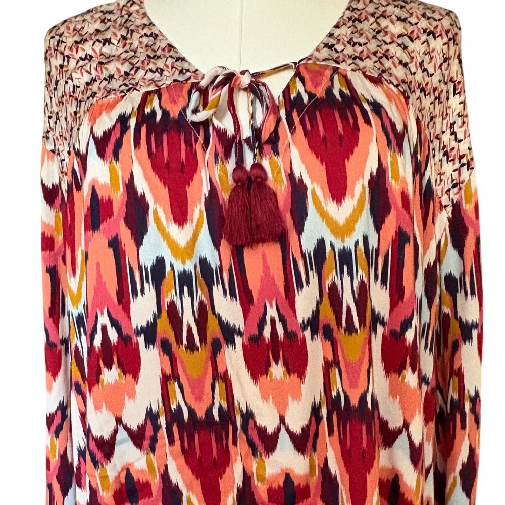 Tribal Jeans‎ Womens XL Ikat Print Tassel Tie Split Neck Blouse 7915O-1434 Boho